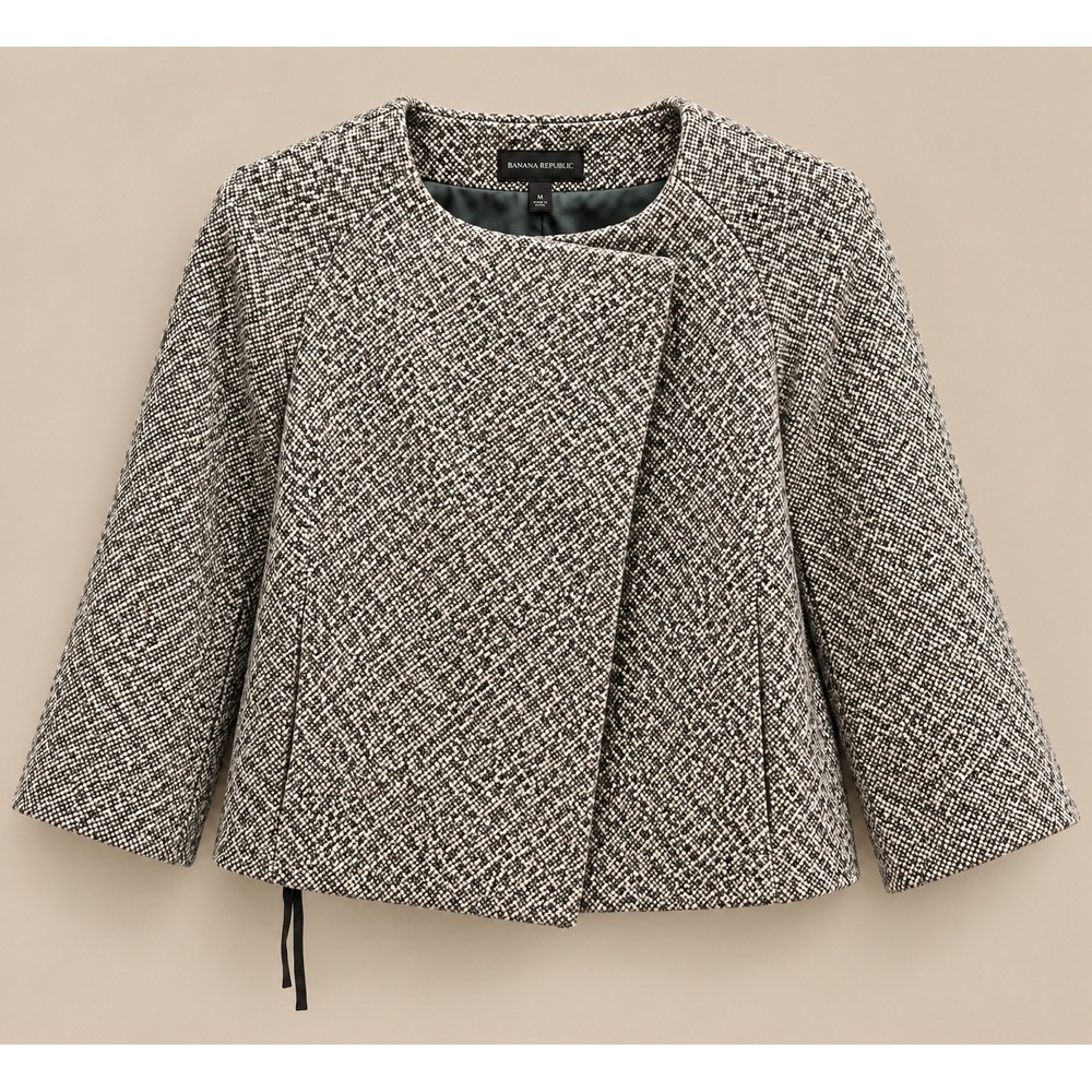 Banana Republic Women Jacket S Gray Tweed Wool Alpaca Blend Asymmetrical Cropped